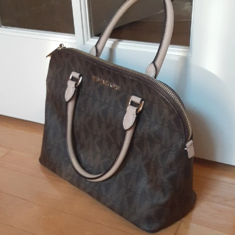 MICHAEL KORS Brown/Black Signature Dome Satchel with Taupe Handles